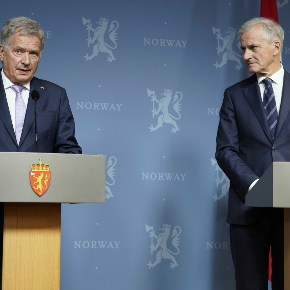 SIKKERHET: Pressekonferanse med Finlands president Sauli Niinistö og statsminister Jonas Gahr Støre. Pressekonferanse med Finlands president Sauli Niinistö og statsminister Jonas Gahr Støre (Ap). Foto: Terje Pedersen POOL / NTB