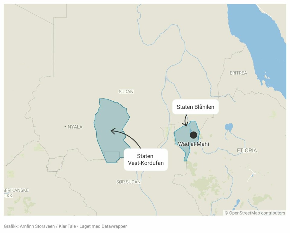 Minst 150 mennesker drept i Sudan Bildet er et kart som viser to stater i Sudan i Afrika. Vest-Kordufan og Blånilen er begge markert i blått. Det er også et merke for området Wad al-Mahi.