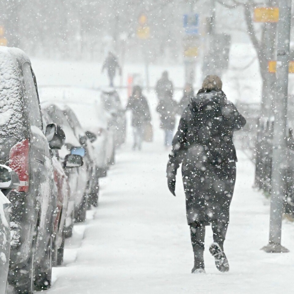 MYE SNØ: Vinteren er tilbake i Sverige. Det snødde kraftig i både Svealand og Götaland tirsdag. Bildet er fra Stockholm. Bildet viser snøvær i Stockholm. Foto: Janerik Henriksson / TT / NTB