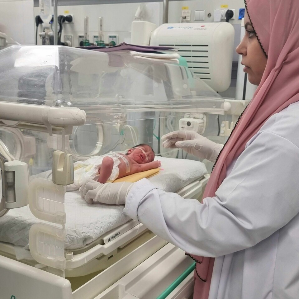 NYFØDT: Ei nyfødt jente ble reddet ut av magen til moren av leger i Palestina. Moren hennes ble drept i et israelsk angrep. Her ligger hun på et sykehus i Rafah på Gazastripen. Bildet viser ei nyfødt jente. Moren hennes ble drept i et israelsk angrep. Legene klarte å redde babyen.