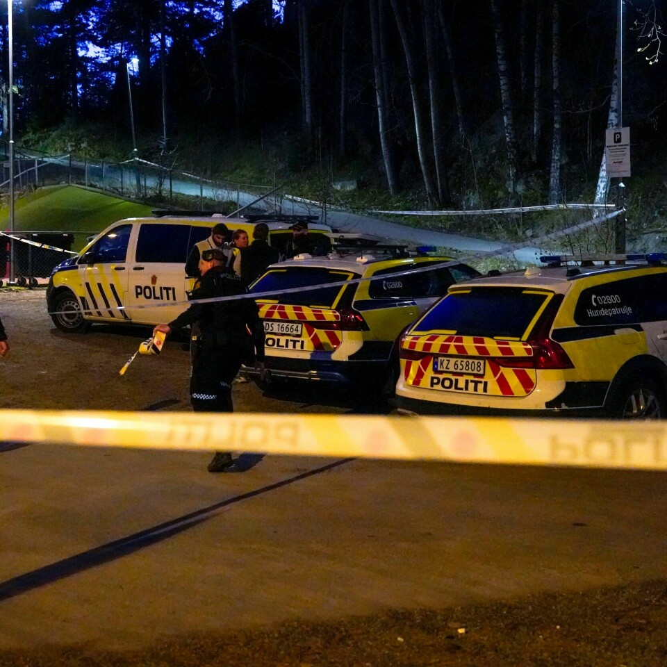 HOLMLIA: En 18 år gammel mann ble skutt på Holmlia i Oslo mandag kveld. Bildet viser politi på stedet der en person ble skutt i overkroppen på Holmlia. Foto: Cornelius Poppe / NTB