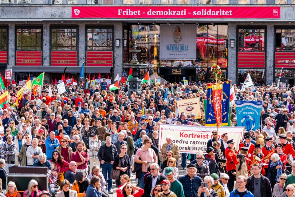 1. MAI: 1. mai er arbeidernes internasjonale kampdag. Her blir dagen markert i Oslo. Bildet viser 1.mai-tog i Oslo i 2022.