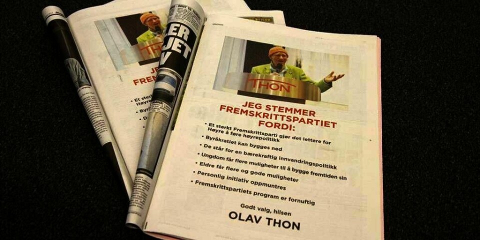 ANNONSE: Olav Thon har betalt for helsides annonser i VG og Aftenposten. Her forteller han at han støtter Frp.