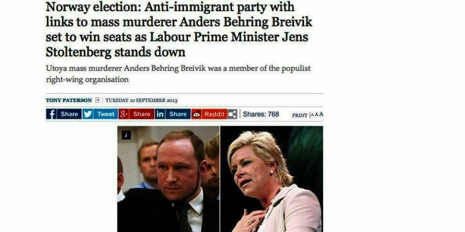 BREIVIK: Slik skriver britiske The Independent om at Frp antagelig kommer i regjering.