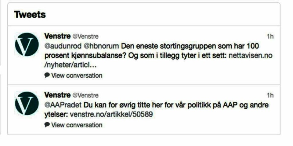 DELER: : Venstre er det partiet som har lagt ut flest meldinger på nettsamfunnet Twitter i en periode av valgkampen.