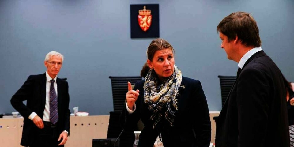 UKLART: En mann er tiltalt for drap på Sigrid Giskegjerde Schjetne . Torsdag vitnet eksperter og retts-medisinere. Det ble ikke klart hva Sigrid døde av. Bildet viser statsadvokat Nina Margoth Prebe (i midten) som snakker med tiltaltes forsvarer John Christian Elden (til høyre).