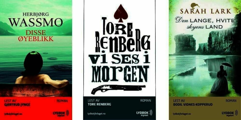 NYTT: Det er kommet flere nye lydbøker. Her er tre av dem. Fra venstre Herbjørg Wassmo – «Disse øyeblikk», Tore Renberg - «Vi ses i morgen» og Sarah Lark – «Den lange, hvite skyens