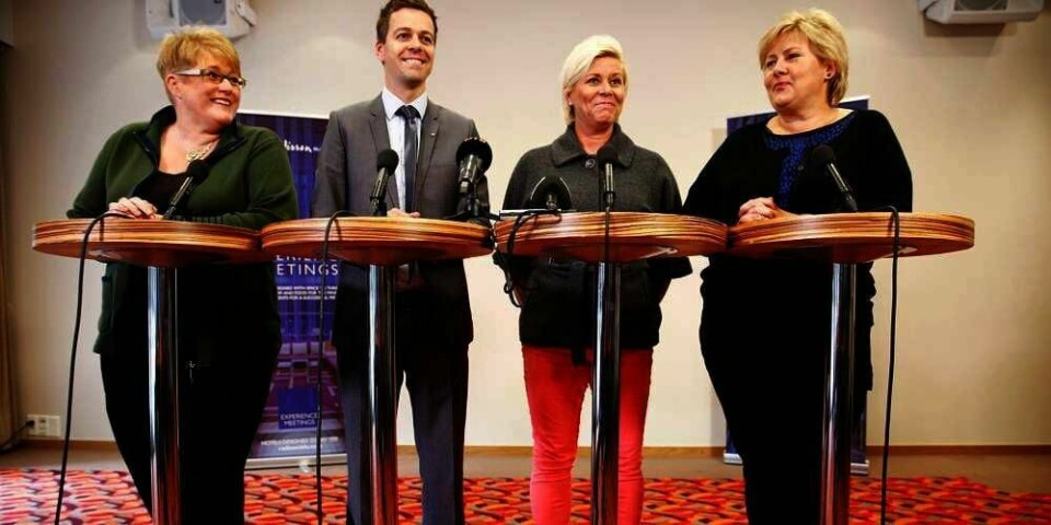 MØTER: De borgelige partiene snakker om å danne regjering sammen. Fra høyre Erna Solberg (Høyre), Siv Jensen (Fremskrittspartiet) , Knut Arild Hareide (Kristelig Folkeparti) og Trine Skei Grande (Venstre).