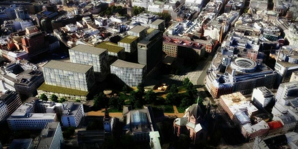 SLIK?: Bildet er en illustrasjon av det nye regjeringskvartalet. Statsygg mener Høyblokka bør fortsette å være det høyeste bygget.