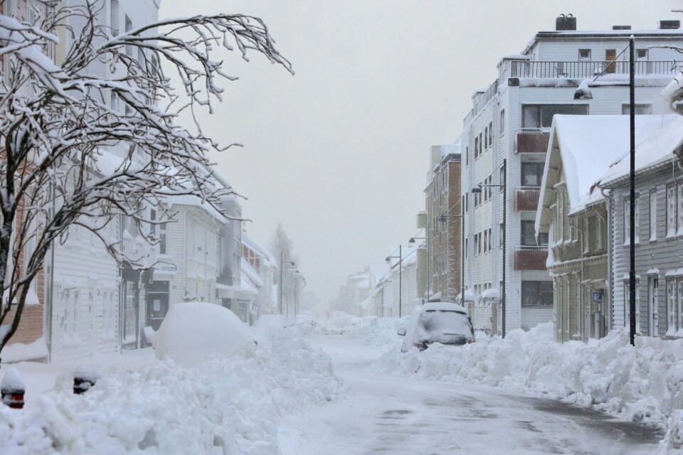 KRISTIANSAND: Det har kommet mye snø på Sørlandet. Her fra Kvadraturen i sentrum av Kristiansand. Foto: Tor Erik Schrøder / NTB