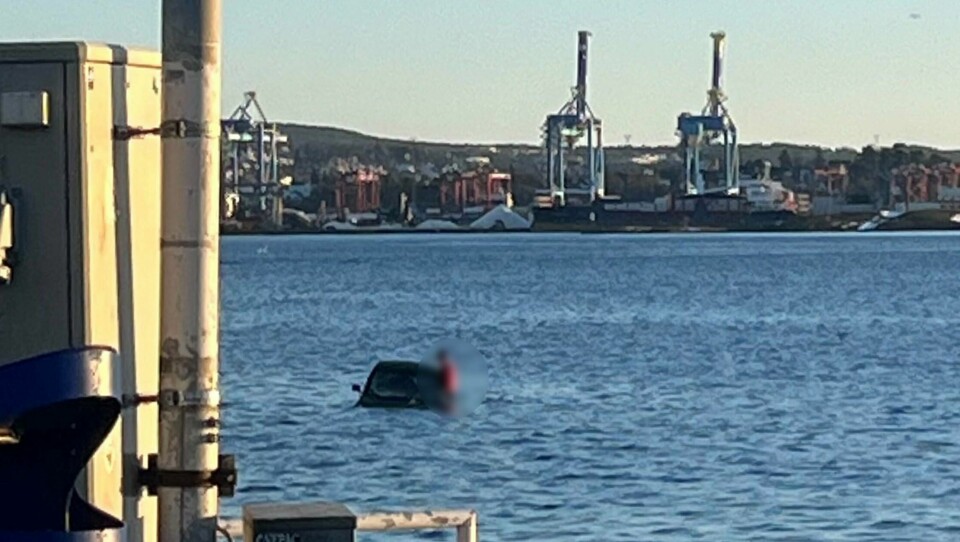 I VANNET: En bil havnet i vannet i Oslo torsdag. To personer ble hentet opp av Oslofjorden. Bilde av bil som kjørte ut i Oslofjorden. Foto: Tipser/NTB