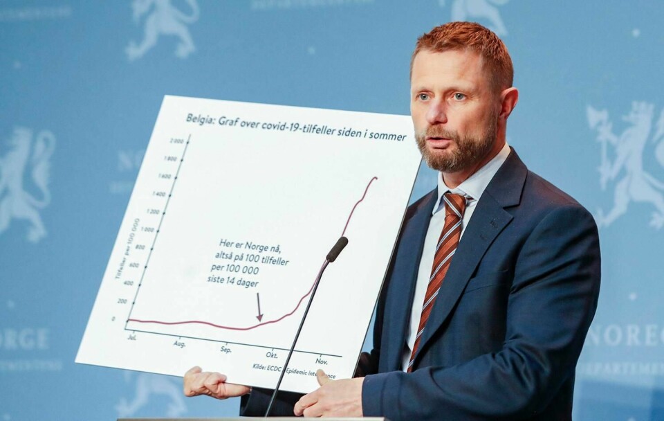 ADVARER: Så ille kan det gå, sier helse-minister Bent Høie. I løpet av syv uker har Belgia mistet helt kontrollen på viruset.