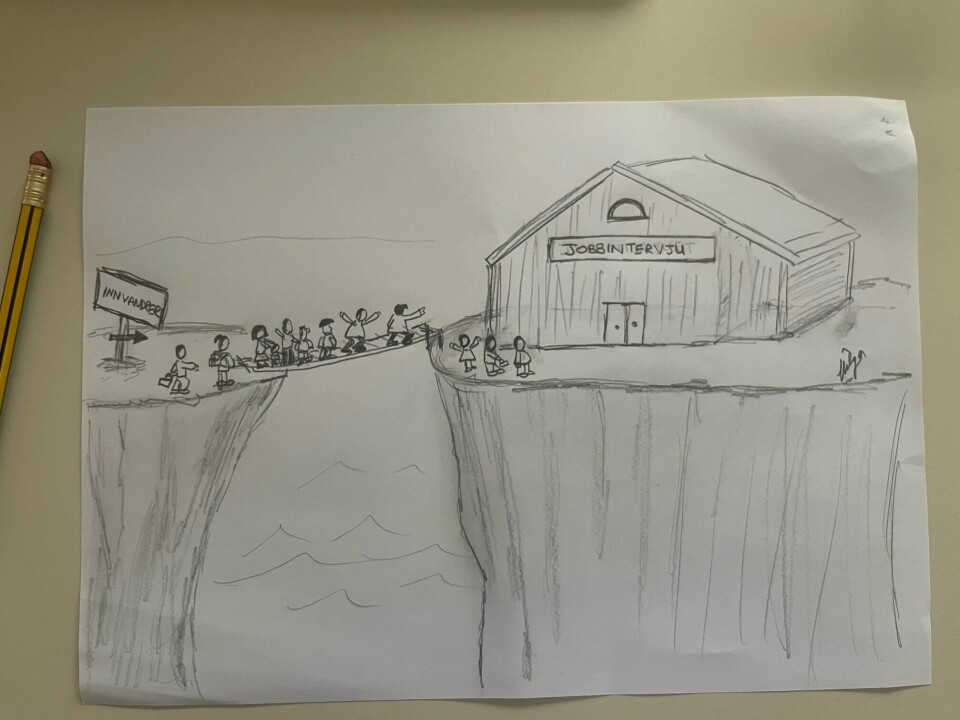 TEGNING: Personer med utenlandsk navn strever mer med å bli kalt inn til intervju, skriver Hulya Sevinc, som også har tegnet denne utfordringen. Bildet viser en tegning. Den viser innvandrere på vei til jobbintervju.