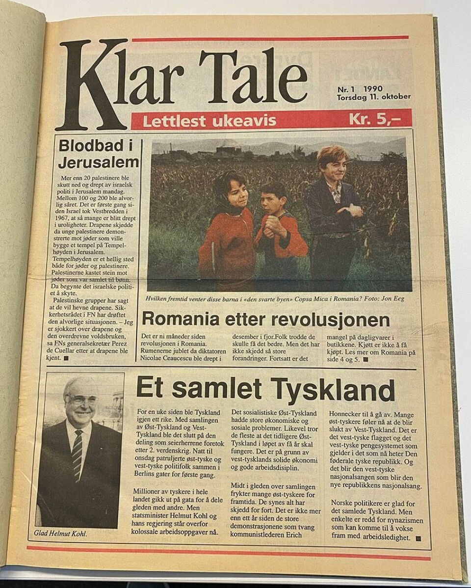 FØRSTE: Slik så forsiden av Klar Tale ut 11. oktober 1990. Da kom første utgave av avisa ut. Bildet viser forsiden av Klar Tale 11. oktober 1990. Da kom første utgave av avisa ut.
