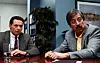 This image released by HBO shows Hugh Jackman, left, and Ray Romano in a scene from 'Bad Education.' (HBO via AP)