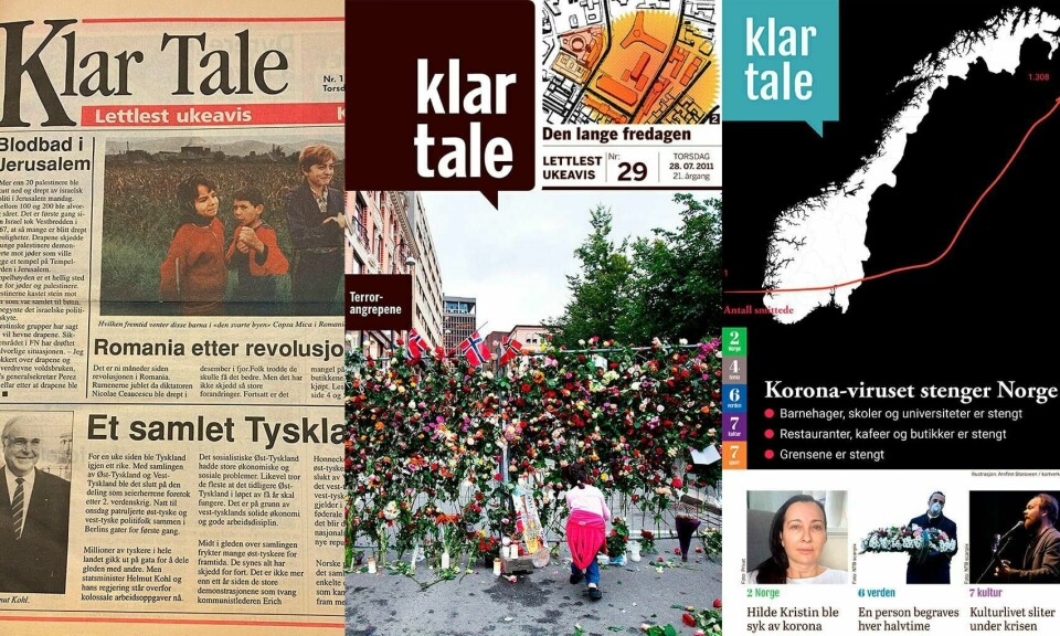 HISTORIE: Første nummer av Klar Tale (til venstre) kom ut 11. oktober 1990. Siden har avisa skrevet om mange store hendelser i Norge og verden.