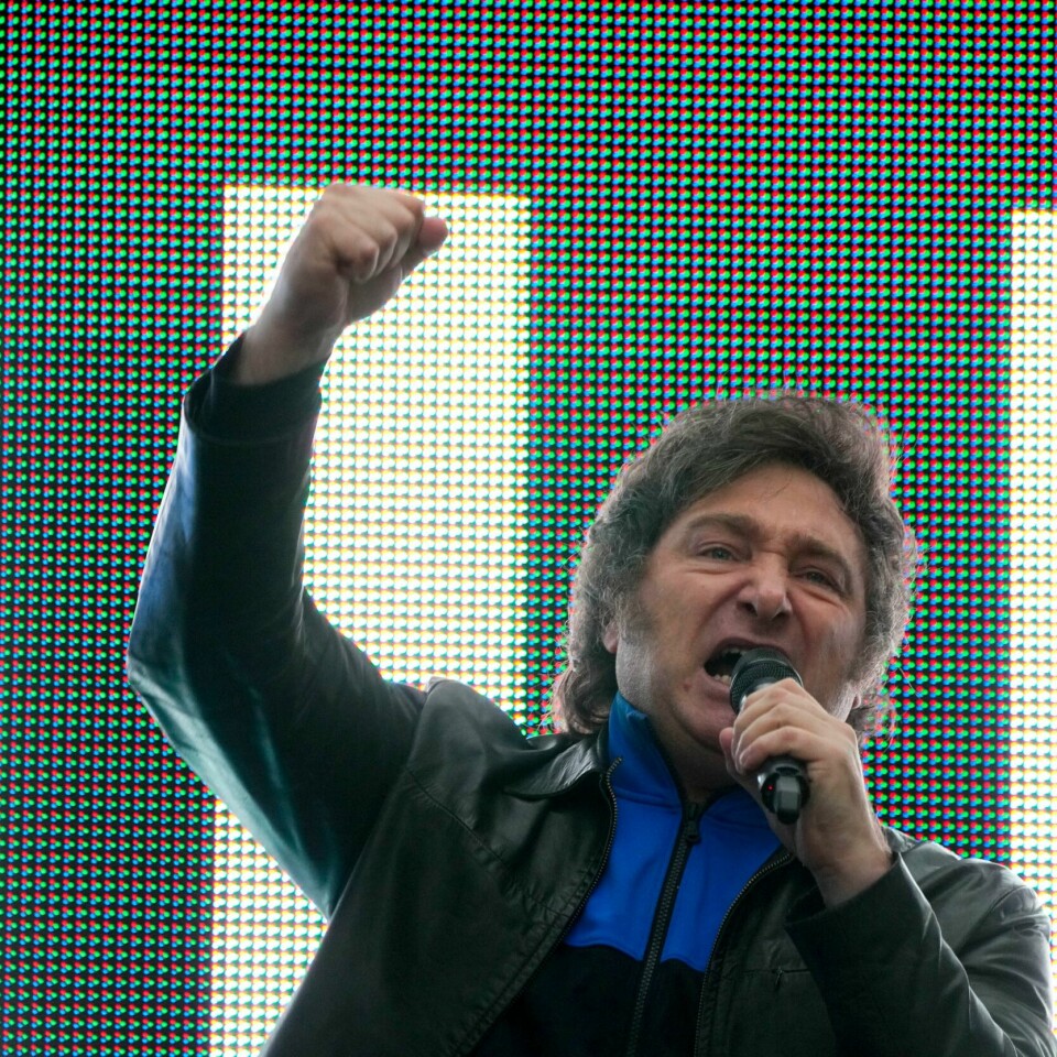 PRESIDENTKANDIDAT: Ultra-liberale Javier Milei er en av to kandidater under valget i Argentina på søndag. Bildet viser presidentkandidat Javier Milei i Argentina. Foto: NTB