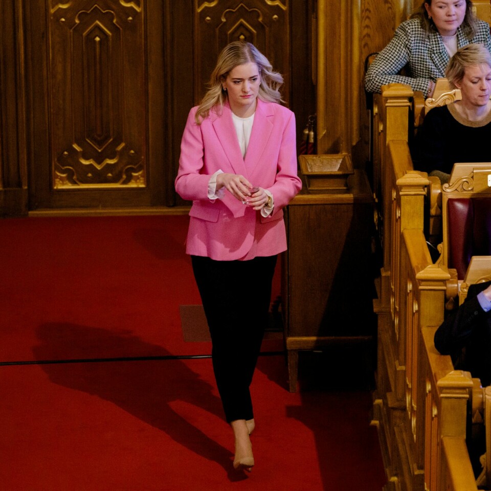NEI: Justisminister Emilie Enger Mehl vil vente med å bruke politiet til å ha kontroll på grensa. Hun mener det er bedre måter å bruke dem på nå. Bildet er av justisminister Emilie Enger Mehl. Hun har rosa jakke og mørk bukse. Hun går på det røde teppet inne i stortingssalen. Til høyre for henne sitter det politikere på plassene sine i Stortinget. Foto: Stian Lysberg Solum / NTB