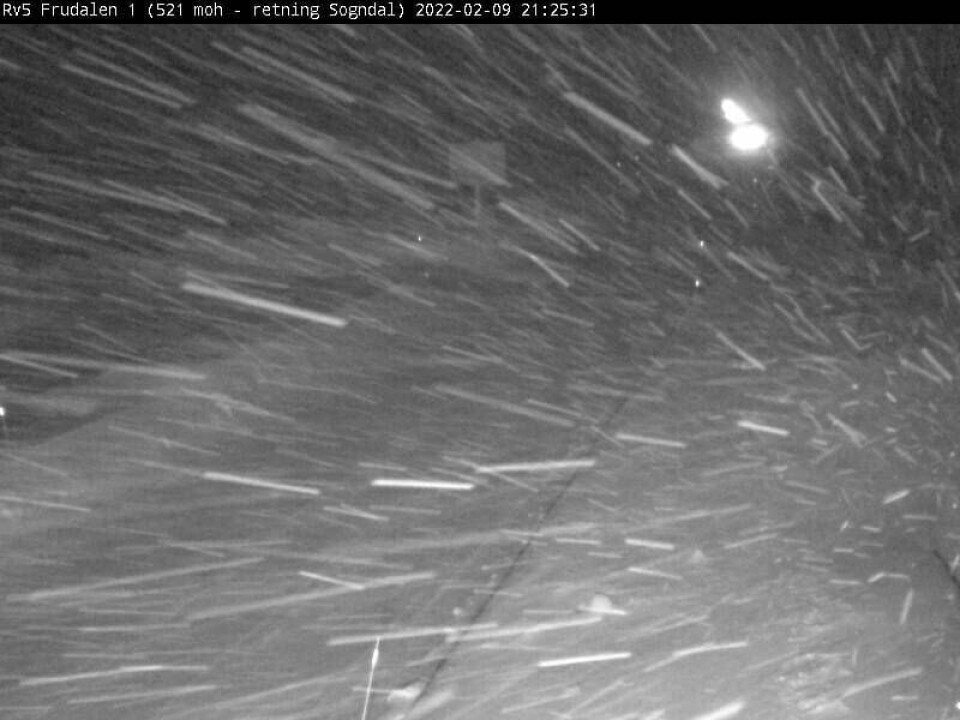 SKRED: Det gikk et stort snøskred i Sogndal onsdag. Uværet herjer sør i Norge. Bildet viser et bilde fra et av kameraene til Statens vegvesen på østsiden av Frudalstunnelen. Bildet er tatt i retning Sogndal.Foto: Statensvegvesen / NTB