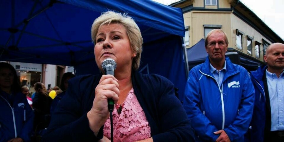 Valgkamp: Erna Solberg under innspurten i valgkampen. Her holder hun tale i Tønsberg. En forsker mener valgkampen kan være vanskelig for minoriteter.