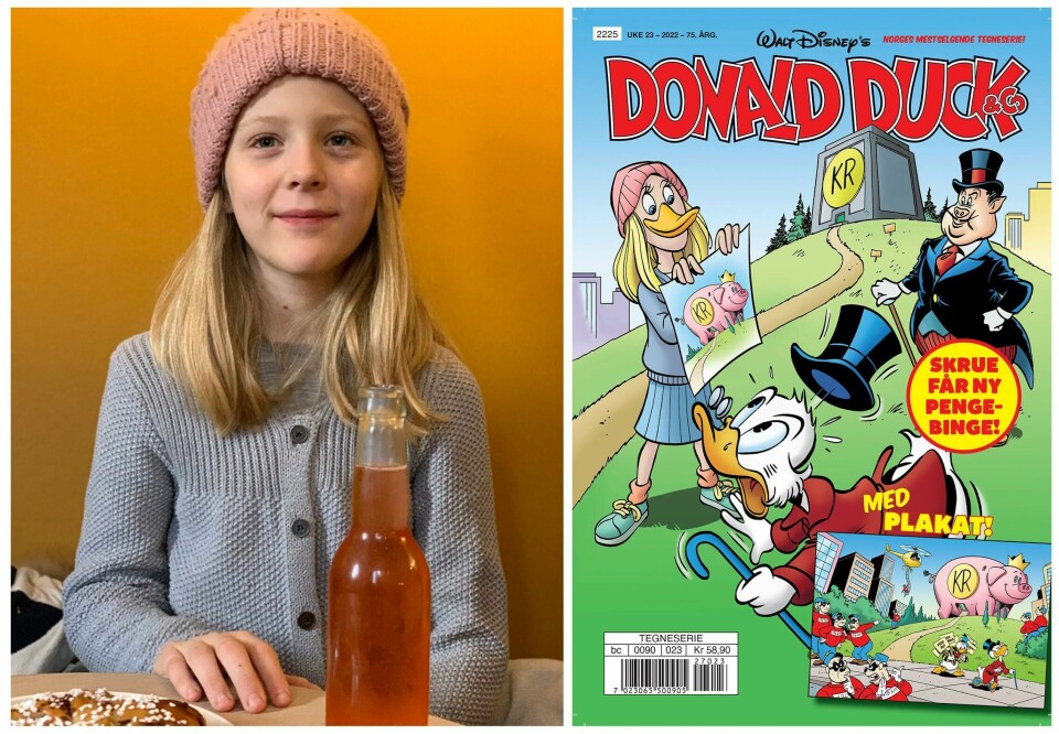 KONKURRANSE: Ada Solheim på 11 år vant konkurransen om å tegne Onkel Skrues nye pengebinge. Ada Solheim (11) vant konkurransen om å tegne Onkel Skrues nye pengebinge – og dukker selv opp som arkitekten Anda Svorheim på Donaldbladets forside. Foto: Egmont