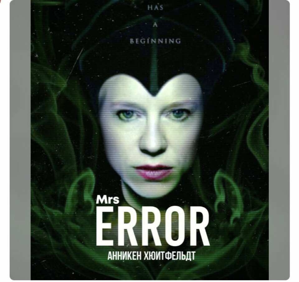 ANGREP: Killnet brukte et manipulert bilde av Anniken Huitfeldt da de meldte om angrepet. Bildet er et manipulert bilde av Anniken Huitfeldt med Maleficent-maske. Det står Mrs Error, eller frøken Feil, på bildet. Skjermdump fra Telegram