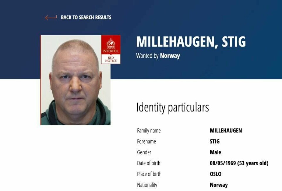 ETTERLYST: Politiet etterlyser Stig Millehaugen. Dobbeltdrapsdømde Stig Millehaugen er etterlyst av Interpol etter at han ikkje møtte opp etter enda permisjon onsdag.Foto: Skjermdump Interpol / NTB