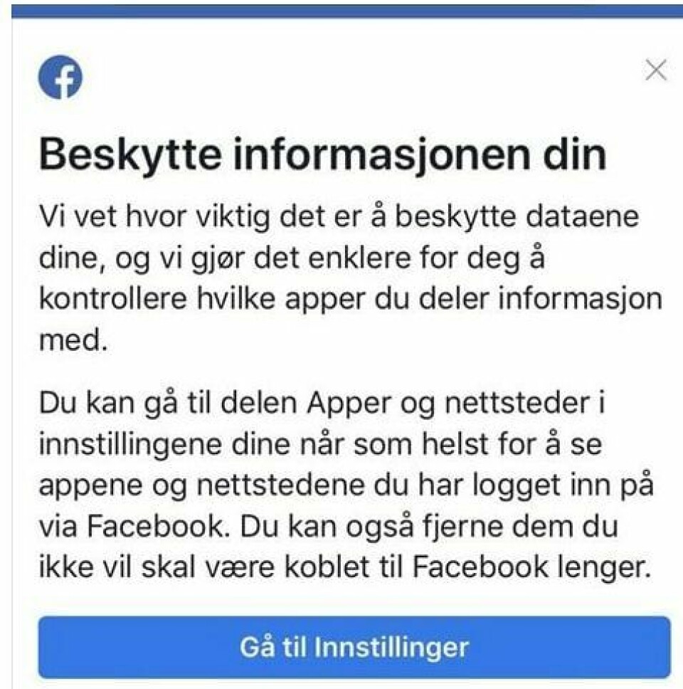 MELDING: Denne meldingen har Facebook sendt til sine brukere mandag. Noen har fått en ekstra lang melding. De kan ha blitt spionert på.
