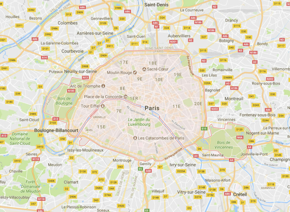ANGREP: En soldat skal ha blitt angrepet med kniv i Paris i Frankrike. Bildet viser et kart av Paris i Frankrike. En soldat skal ha blitt angrepet av en mann med kniv her.