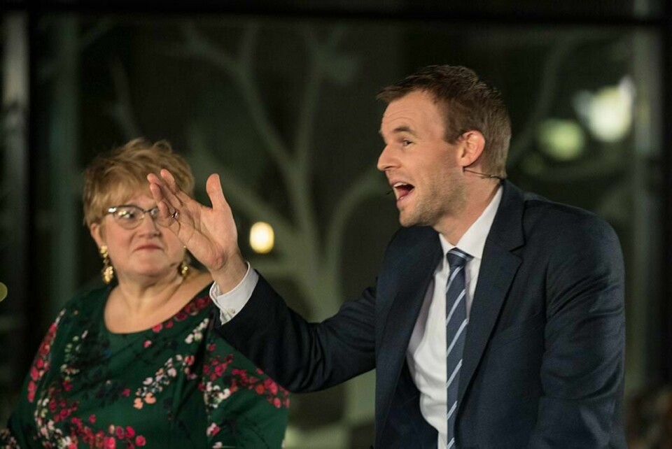 DEBATT: Bildet viser Venstre-leder Trine Skei Grande (til venstre) og KrFs nestleder Kjell Ingolf Ropstad. De diskuterte under debatten på NRK torsdag kveld.