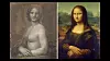 Bildet er satt sammen av to. De viser tegningen av den nakne Mona Lisa og maleriet av Mona Lisa.