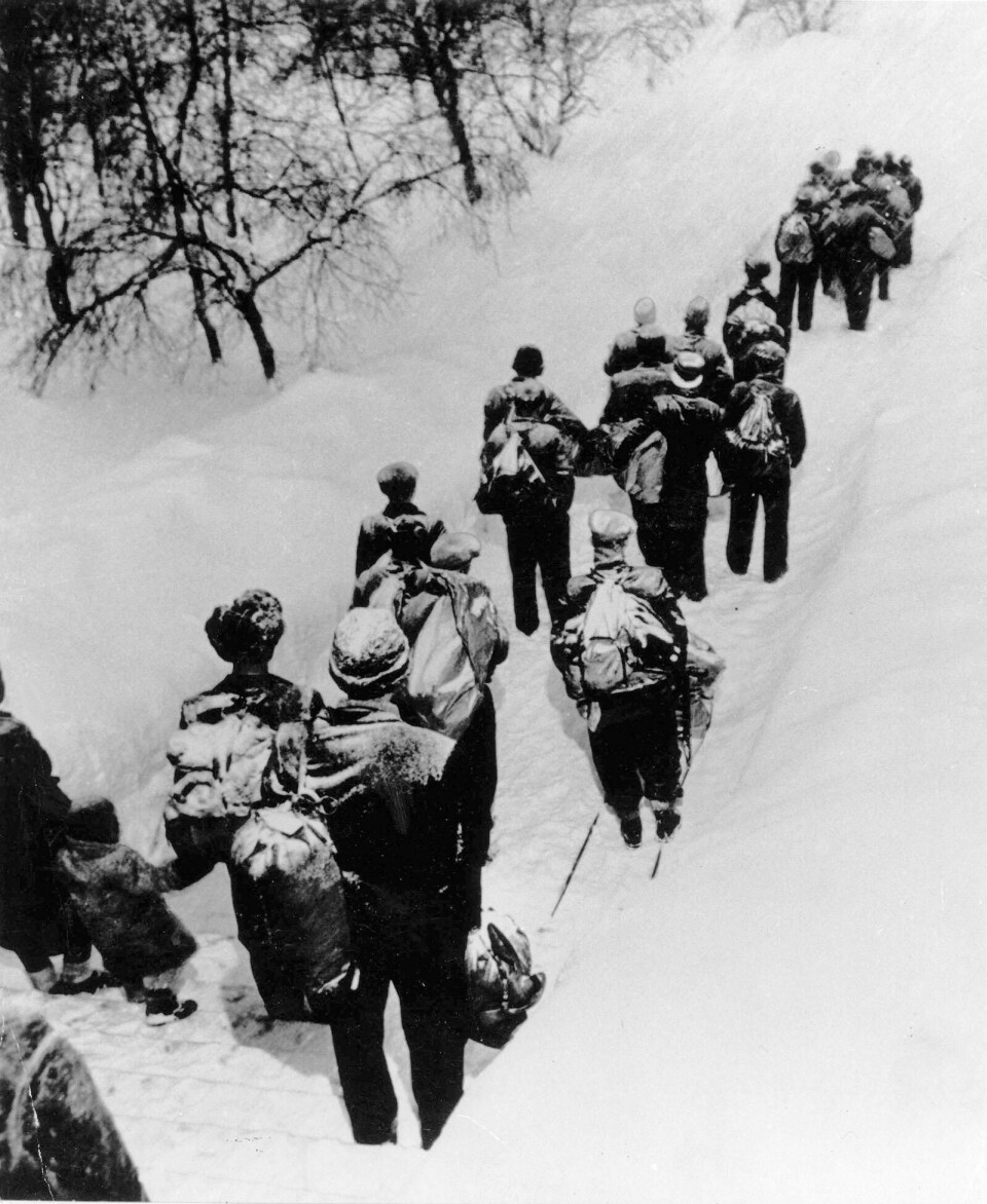 Norske flyktninger på vei til Sverige under krigen 1940-1945. Norske flyktninger på vei til Sverige under krigen 1940-1945. Grenseloser. Flukt. 
Foto: NTB scanpix