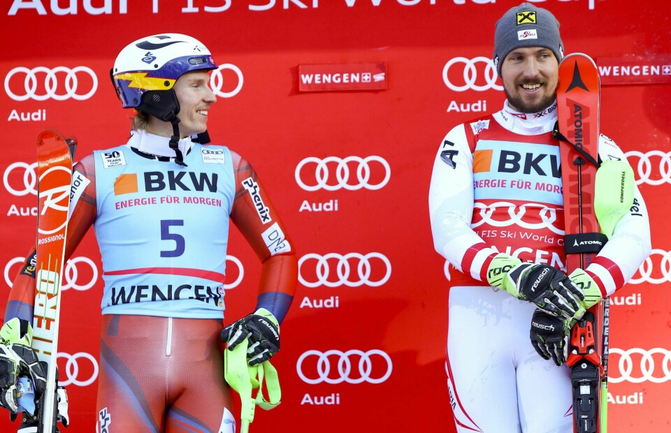 PALLEN: Henrik Kristoffersen (til venstre) har ikke vunnet et renn denne sesongen. Marcel Hirscher (til høyre) har vært best.
