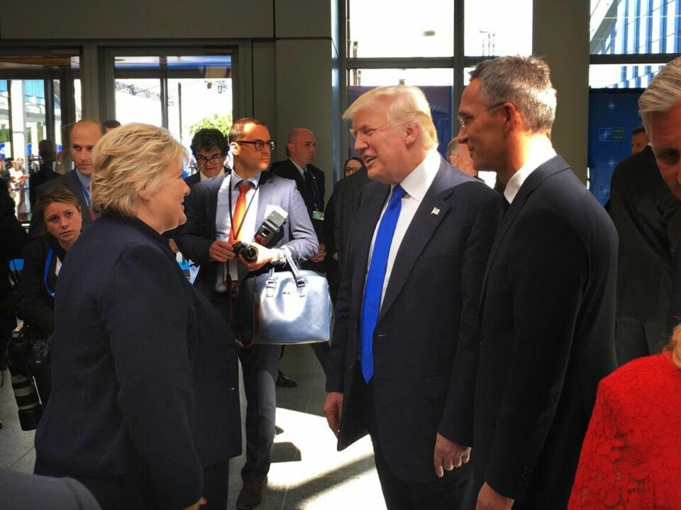 BESØK: Statsminister Erna Solberg skal møte Donald Trump i Det hvite hus. Her fra et tidligere møte mellom Solberg, Trump og Jens Stoltenberg.