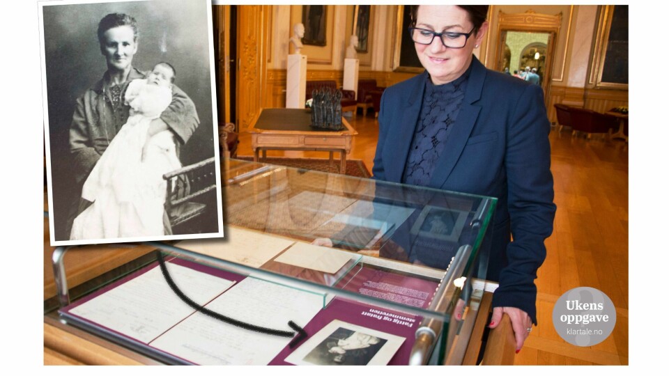 Jubileum: Stortings-president Tone W. Trøen feirer at det er 100 år siden også fattige fikk stemmerett. Karoline Larsen (det lille bildet) var en av dem som kjempet fram retten. Hennes stemme fra 1916 er stilt ut på Stortinget. Stemmen ble avvist. Den er aldri blitt åpnet.