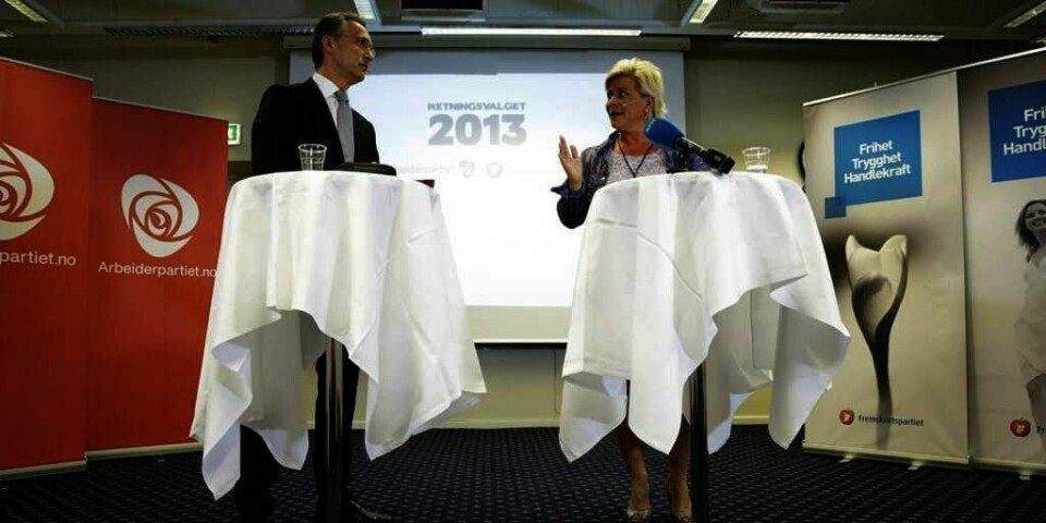 KRANGLER OM SKOLE:  Jens Stoltenberg og Siv Jensen kommer fra hvert sitt politiske parti. Begge vil gjerne vinne stortingsvalget til høsten. Og begge vil gjerne bruke mer penger på skole og helse. Likevel er de uenige.