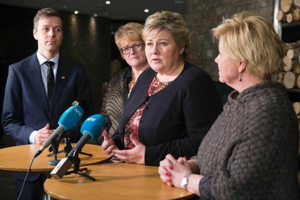 KRISE: Det kan bli krise i regjeringa. Her er Knut Arild Hareide fra Krf, Trine Skei Grande fra Venstre, Statsminister Erna Solberg fra Høyre og finansminister Siv Jensen fra Frp.