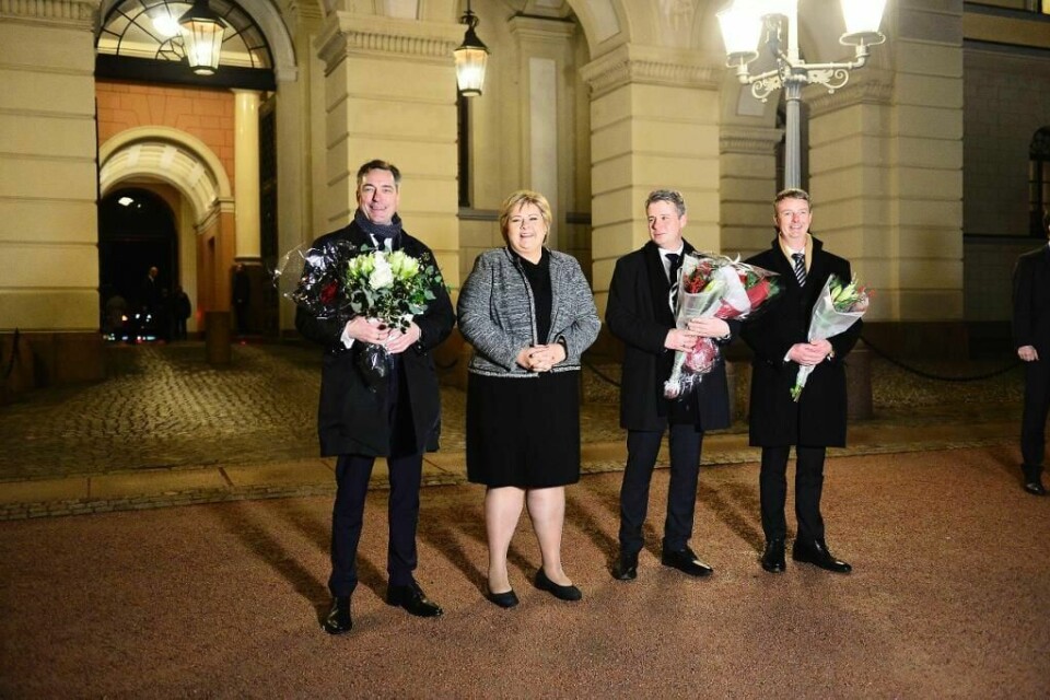 NYE: Statsminister Erna Solberg har fått tre nye statsråder. Fra venstre: Frank Bakke-Jensen, Per-Willy Amundsen og Terje Søviknes.