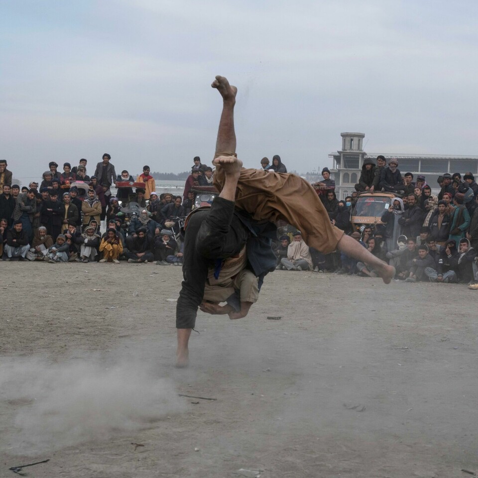 BRYTING: Det blir hard kamp og god underholdning når afghanere møtes i ringen. Den tradisjonelle bryteformen er enkel. Målet er å få motstanderen på ryggen. Foto: Petros Giannakouris / AP / NTB