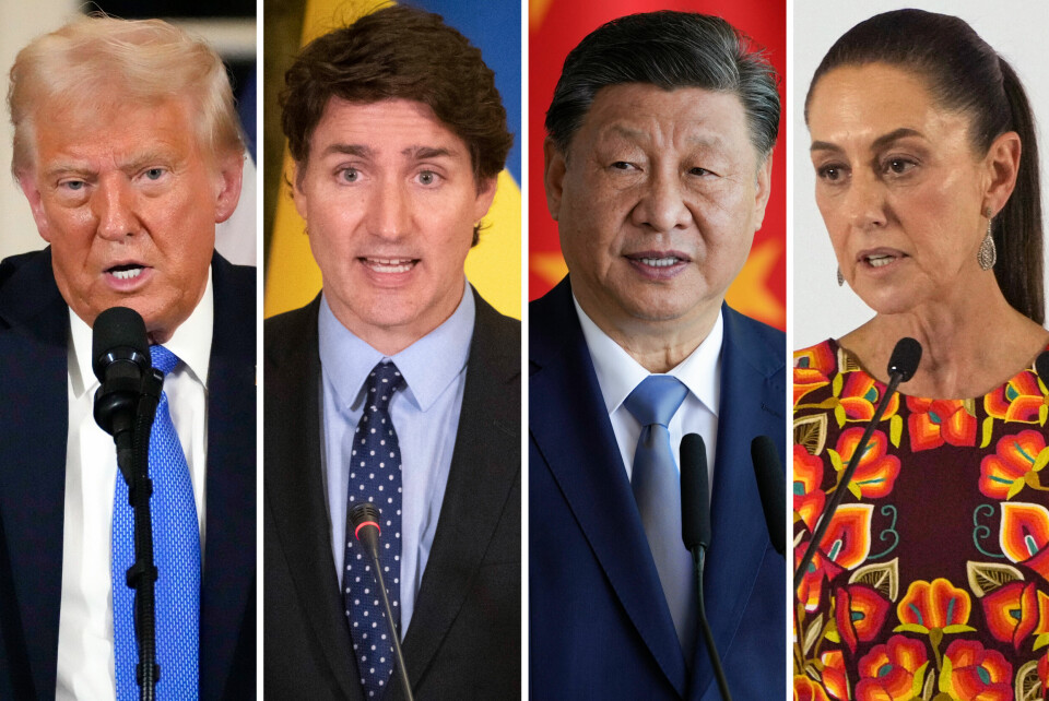 HANDELSKRIG: USA innfører høyere toll på varer fra Kina, Mexico og Canada. Fra venstre er landets ledere: Donald Trump, Justin Trudeau, Xi Jinping og Claudia Sheinbaum. Bildet viser lederne i USA, Canada, Kina og Mexico. Foto: AP Photo / NTB