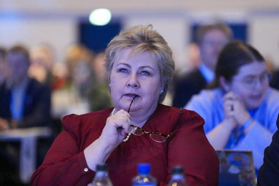 STEMTE IMOT: Erna Solberg stemte imot et forslag om EU i Høyres landsmøte. Bildet viser Erna Solberg på Høyres landsmøte. Foto: Terje Pedersen / NTB