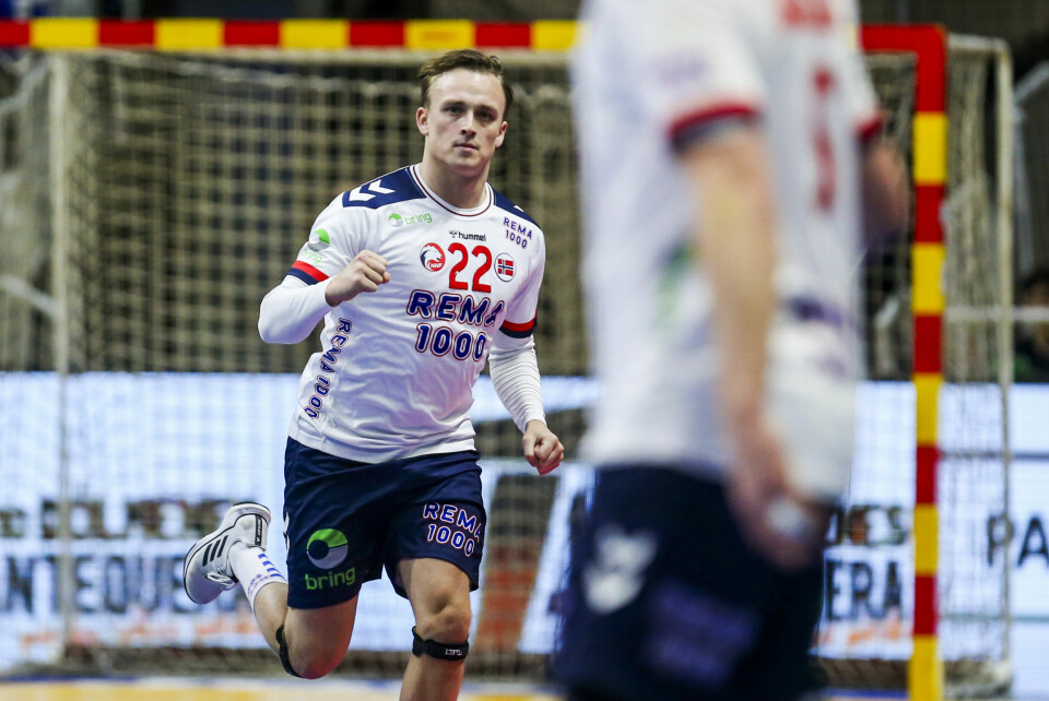 I SPANIA: Norge testet formen mot Spania i helga. På bildet er Tobias Grøndahl. Bildet viser håndballspiller Tobias Grøndahl som jubler for scoring i finalen mot Spania i VM-oppkjøringsturneringen i Castellón. Foto: Alberto Saiz / AP / NTB