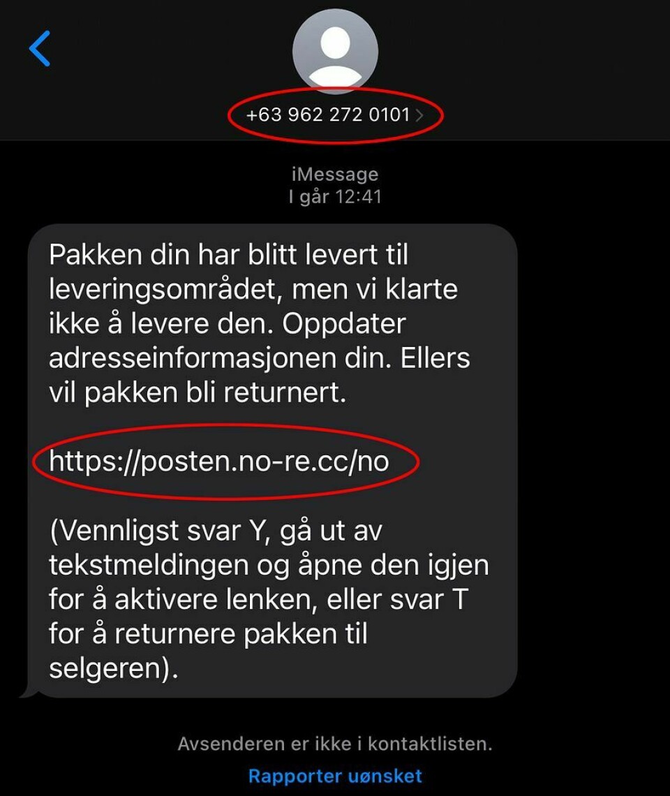 SVINDEL: Har du fått denne meldingen? Da er det noen som prøver å lure deg. Dette er SMS-en som mange har fått den siste tida. Foto: Posten / Handout / NTB / NPK