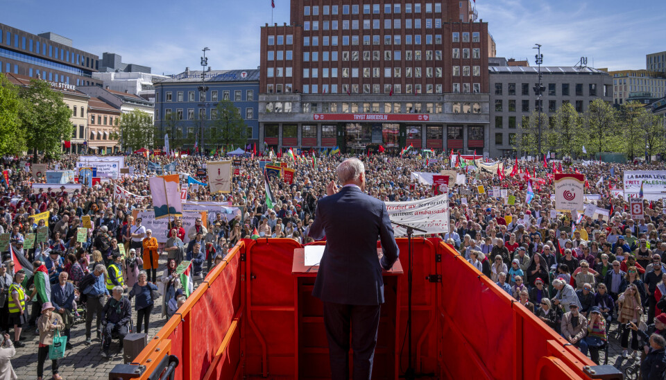 1. MAI: Jonas Gahr Støre talte på Youngstorget på arbeidernes internasjonale kampdag. Bilde av statsminister Jonas Gahr Støre som holder tale 1. mai. Foto: Heiko Junge/NTB