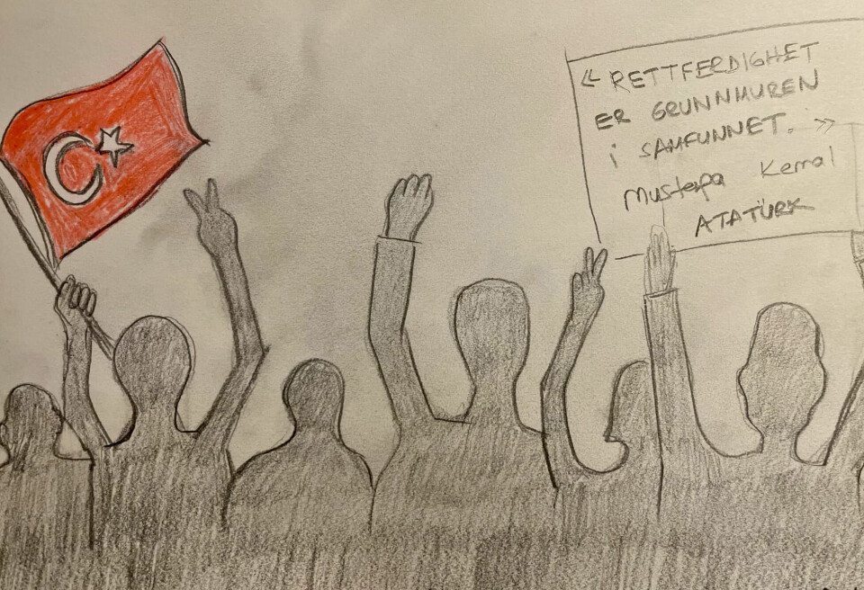 Mustafa Kemal Atatürk grunnla Tyrkia. Illustrasjon: Privat Bildet viser en tegning. Den handler om protester i Tyrkia.