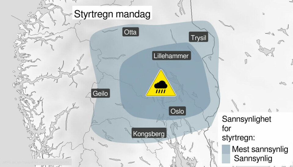 KART: Her er det størst fare for styrtregn Bildet viser et kart over områdene hvor det er sendt ut farevarsel.