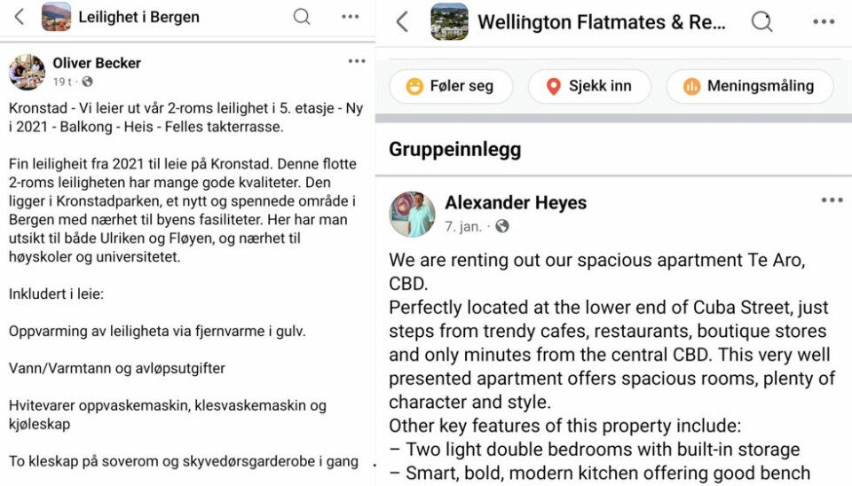 EKTE: Dette er ekte annonser som er lagt ut på Facebook av svindlere. Bildet viser ekte annonser som er lagt ut på Facebook av svindlere.