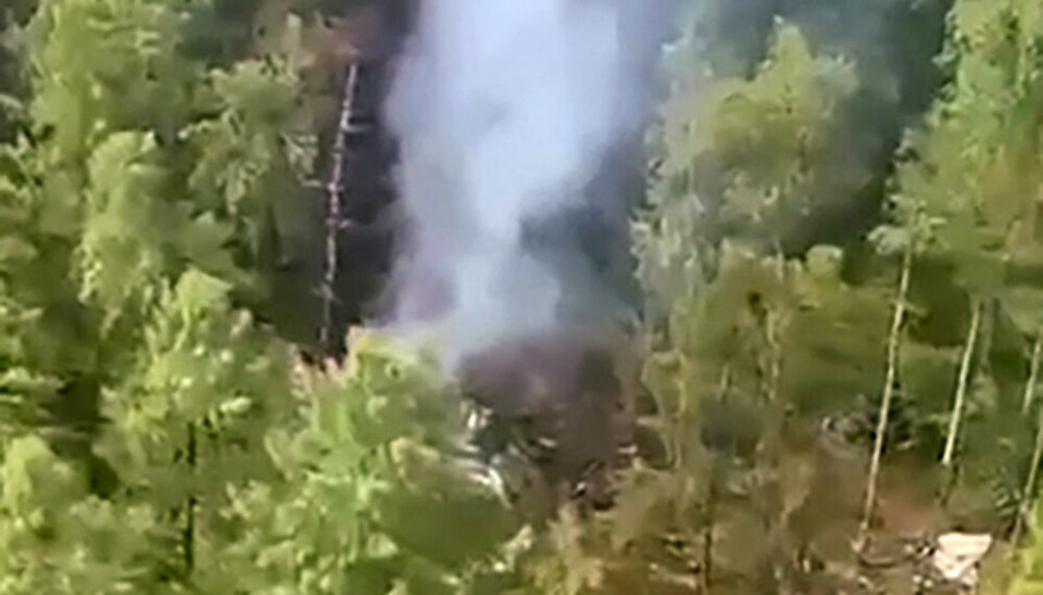 DRAMATISK: Flyet stod i flammer da det ble funnet. Bildet viser en røyksky i skogen hvor flyet krasjet.