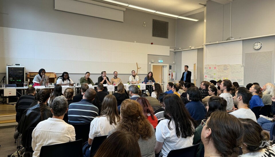 ENGASJERTE: Elevene viste stor interesse under paneldebatten på skolen. Paneldebatt på Oslo Voksenopplæring Rosenhof. 01.09.2025
